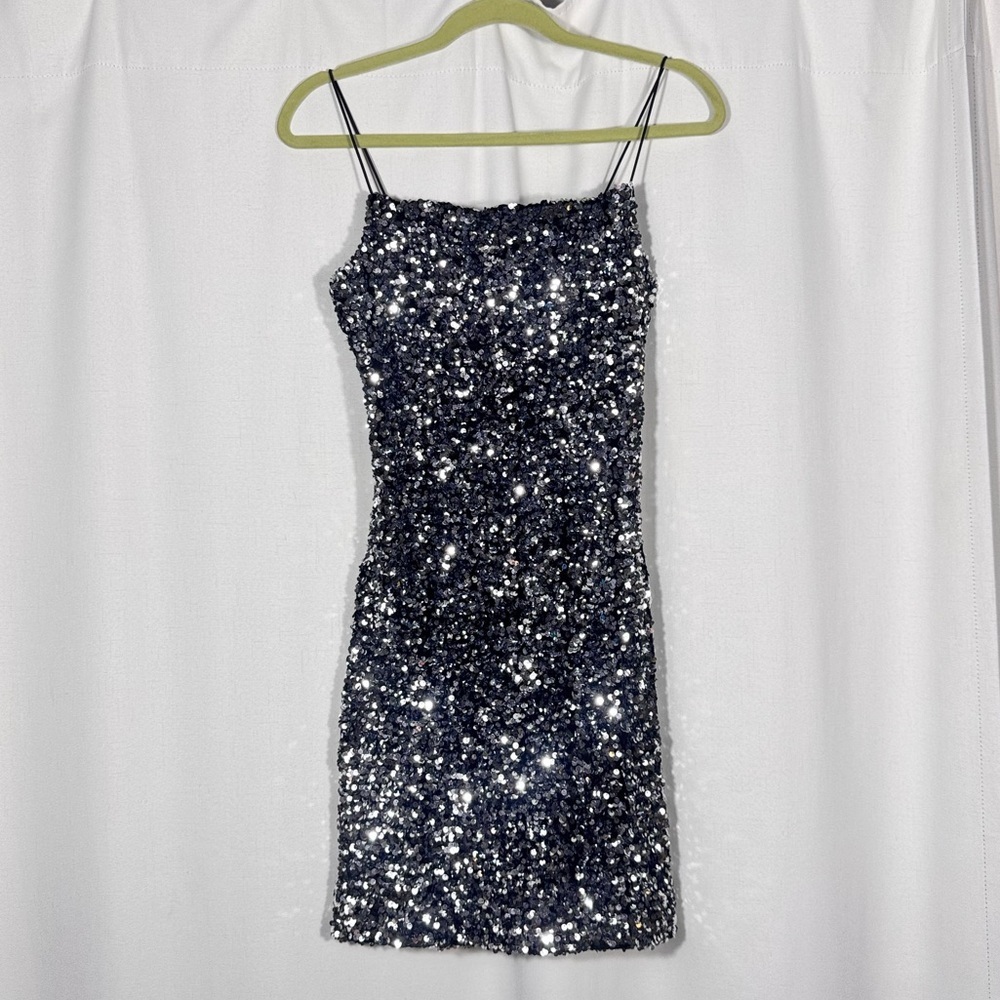 Early 2000s Y2K A’Gaci Dark Silver Sequin Bodycon Mini Dress